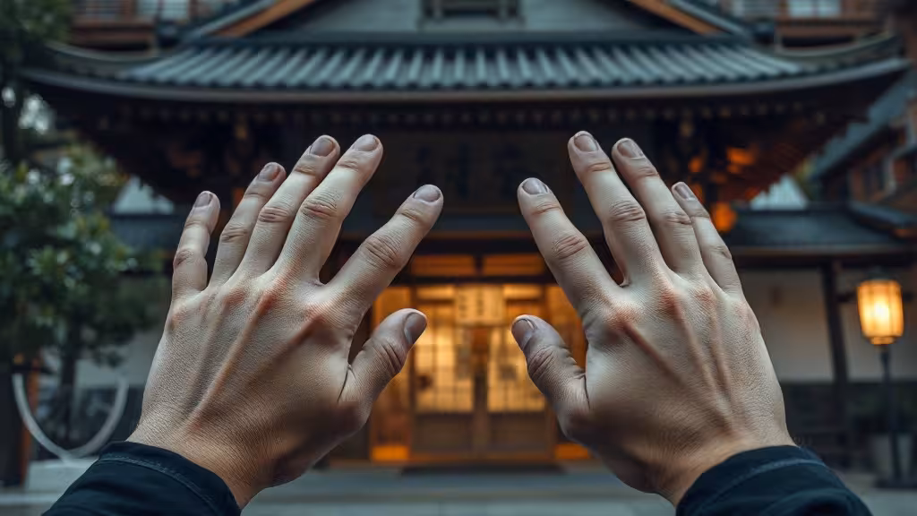 Akai ito reliant deux petits doigts devant un sanctuaire japonais au crépuscule