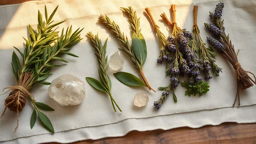 Herbes de purification alternatives à la sauge blanche menacée : composition d'herbes locales, cristal et tissu naturel