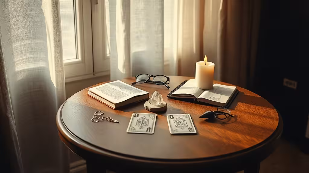 Table de consultation pour choisir un voyant sérieux, avec cartes, pendule et carnet.