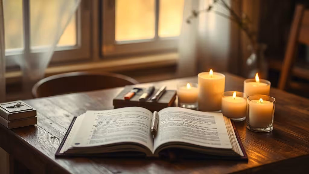 Espace préparé pour consultation spirituelle avec cristaux et bougies, illustrant les trois canaux de consultation (téléphone, chat, présentiel)