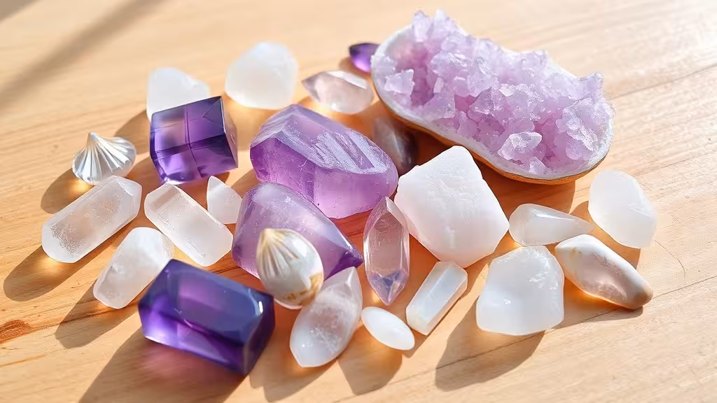 Assortiment de cristaux de purification - sélénite, améthyste, quartz - lumineux dans la lumière naturelle