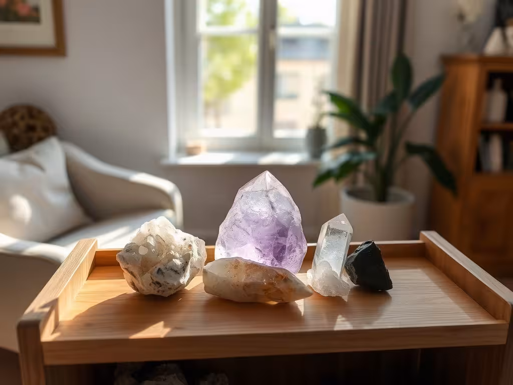 Cristaux arrangés avec intention sur étagère pour purifier et harmoniser la maison