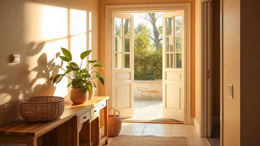 Entrée de maison feng shui lumineuse, rangée et accueillante aux tons naturels
