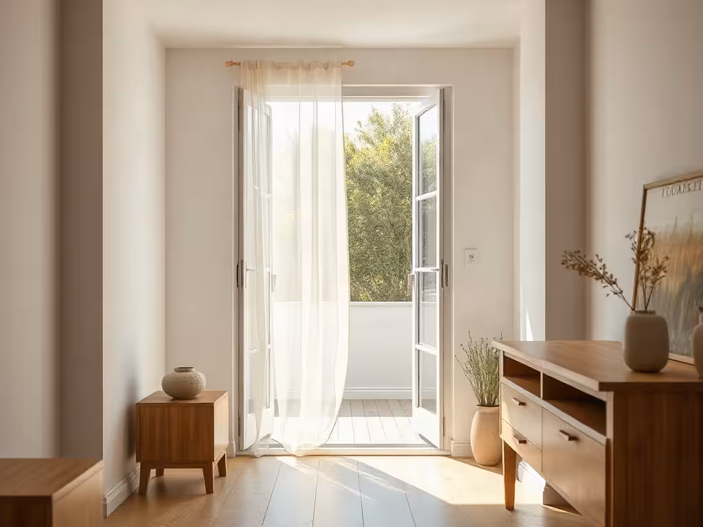 Lumière naturelle et air frais clarifiant l’énergie d’une entrée feng shui