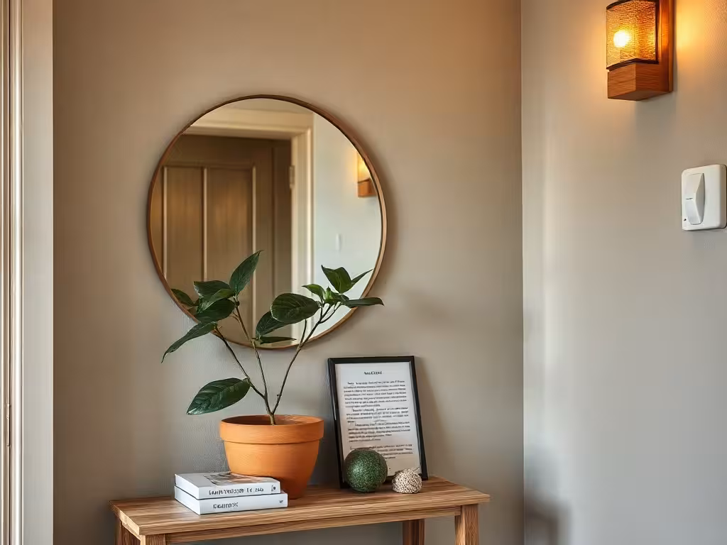 Miroir rond, plante verte et couleurs douces dans une entrée feng shui
