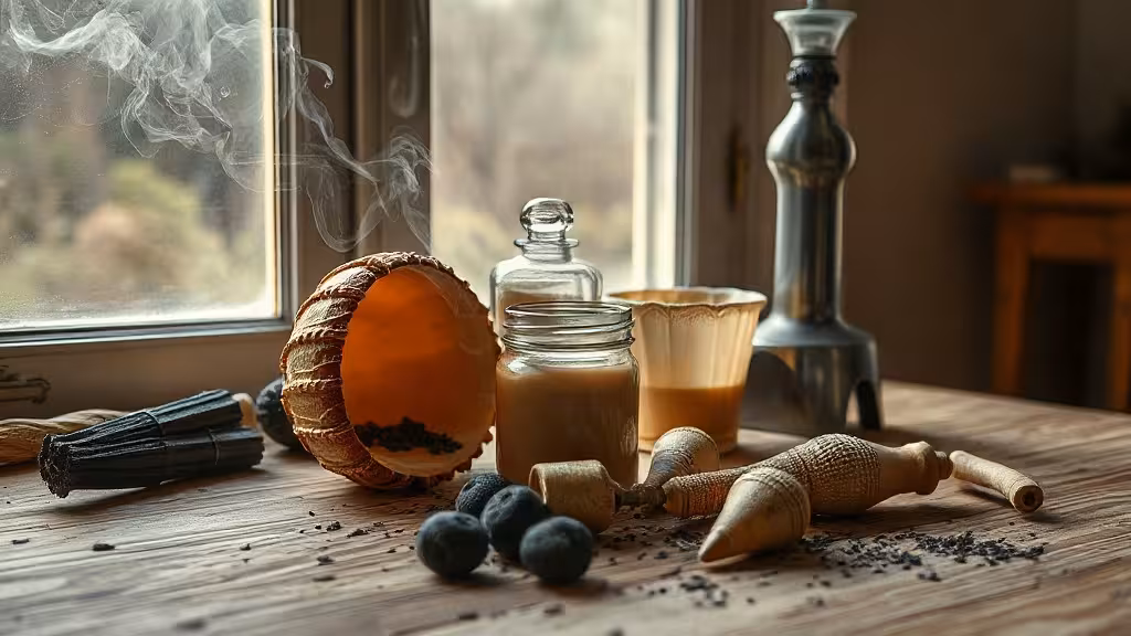 Accessoires de fumigation avec charbon, coquille, pince et résine d’encens sur une table en bois