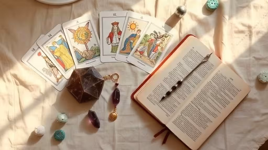 Table de divination avec cartes de tarot, cristaux et carnet préparatoire pour une première consultation voyance.