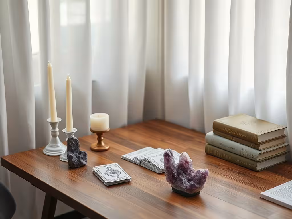 Cabinet de voyance accueillant avec tarot, cristaux et bougies pour une séance sérieuse.