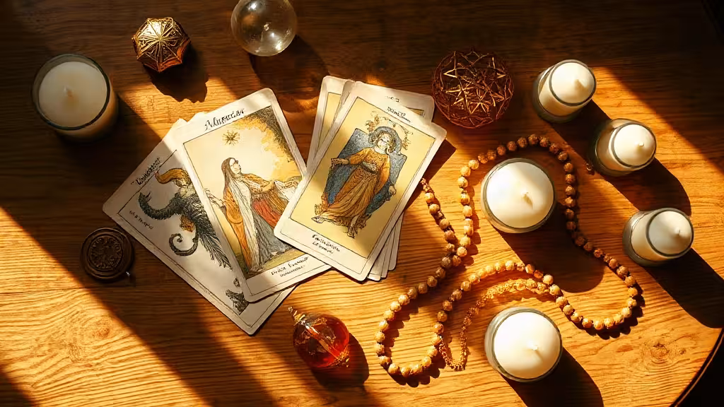 Objets de voyance authentiques (cartes, cristal, bougies) illustrant les pratiques et tarifs de consultation